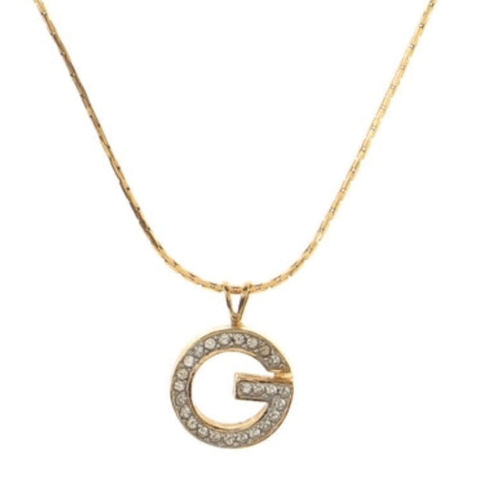 GIVENCHY G Logo Rhinestone Gold Tone Pendant Necklace 1980s - Picture 2 of 4